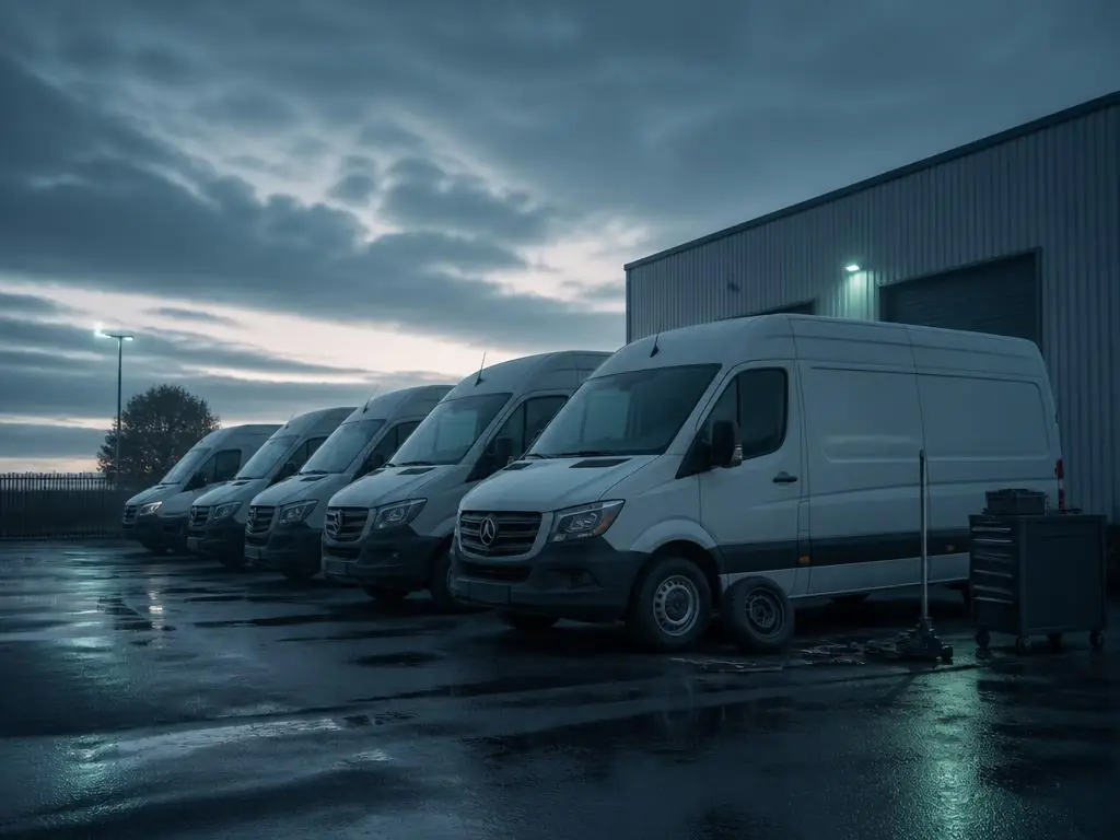 Line of white fleet vans in a Stafford yard at dawn during a scheduled mobile repair visit