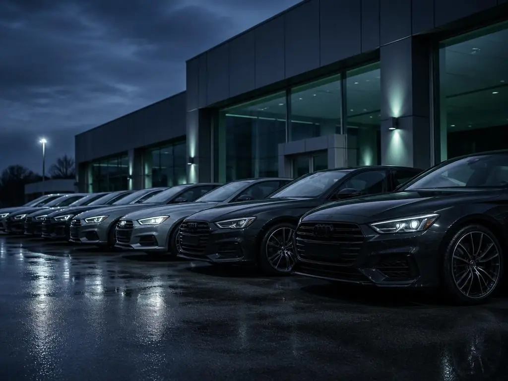 Row of clean dark cars prepared for sale on a West Midlands dealership forecourt at dusk