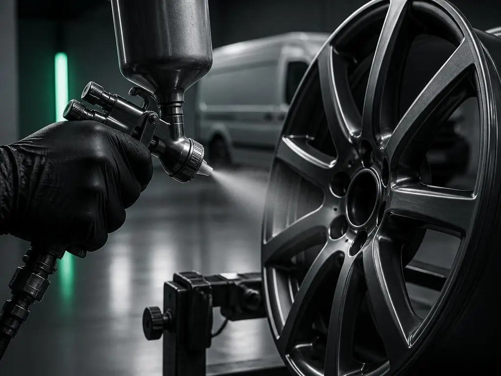 Technician spraying lacquer onto an alloy wheel during a mobile wheel refurbishment in the Black Country