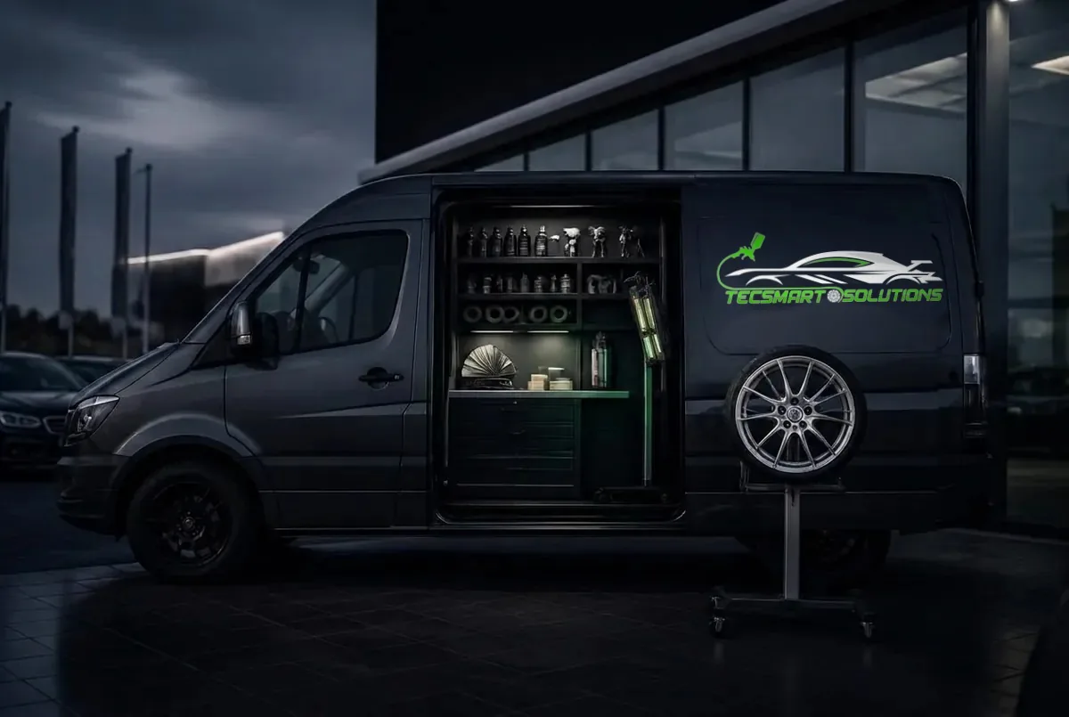 TecSmart-liveried mobile SMART repair van with paint-mixing bench, spray gun, sanding blocks, colour-swatch fan and an alloy wheel on a refurb stand at a customer site